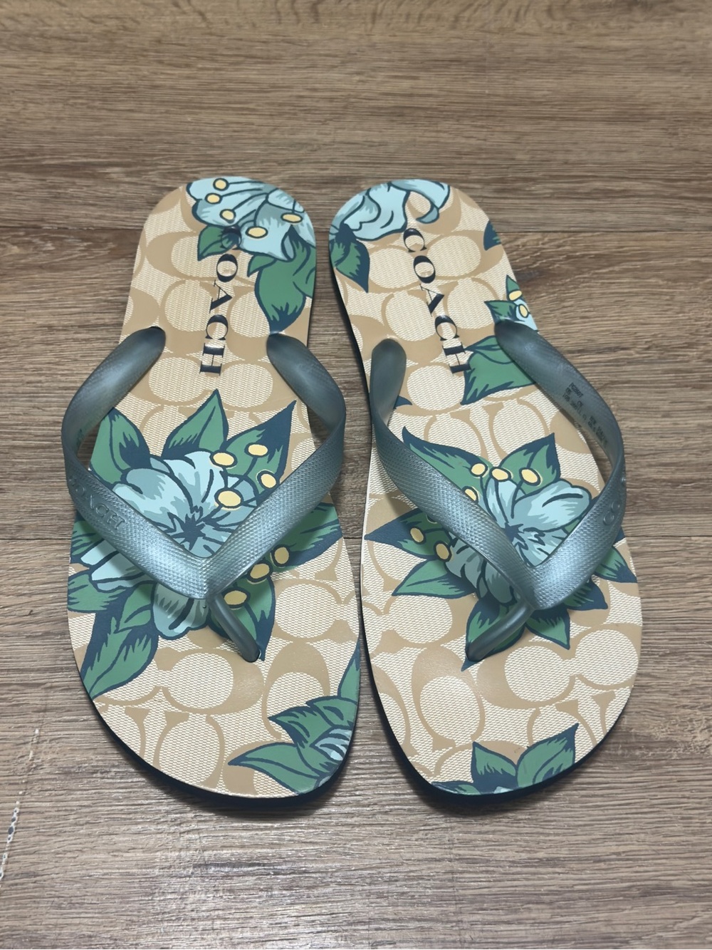 Coach Floral Logo Flip Flop Sandals in Beige and Teal